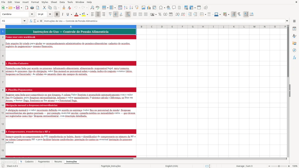 Captura 4: aba Instruções - Planilha Excel pensao alimenticia