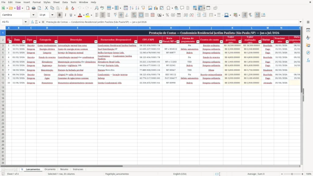 Lancamentos – Prestação de Contas de Condomínio no Excel