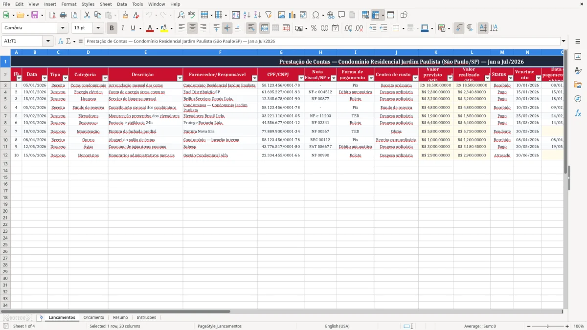 Captura 1: aba Lancamentos - Planilha Excel prestacao de contas condominio