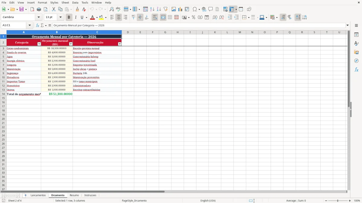 Captura 2: aba Orcamento - Planilha Excel prestacao de contas condominio