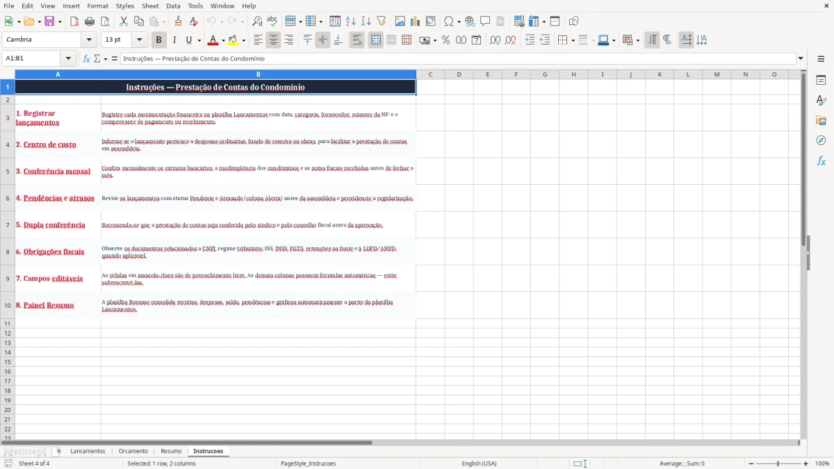 Captura 4: aba Instrucoes - Planilha Excel prestacao de contas condominio
