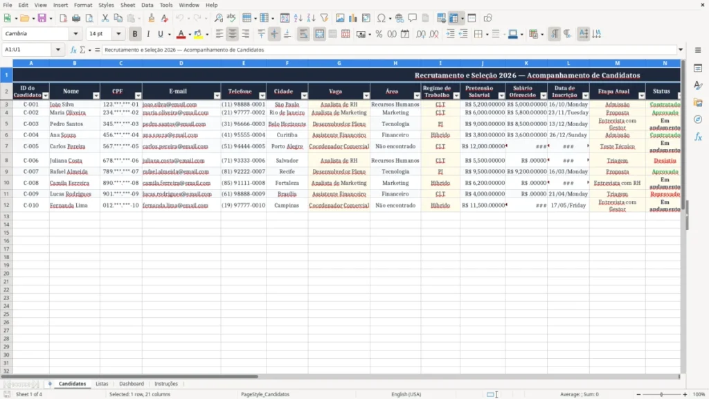 Candidatos – Planilha de Recrutamento e Seleção no Excel