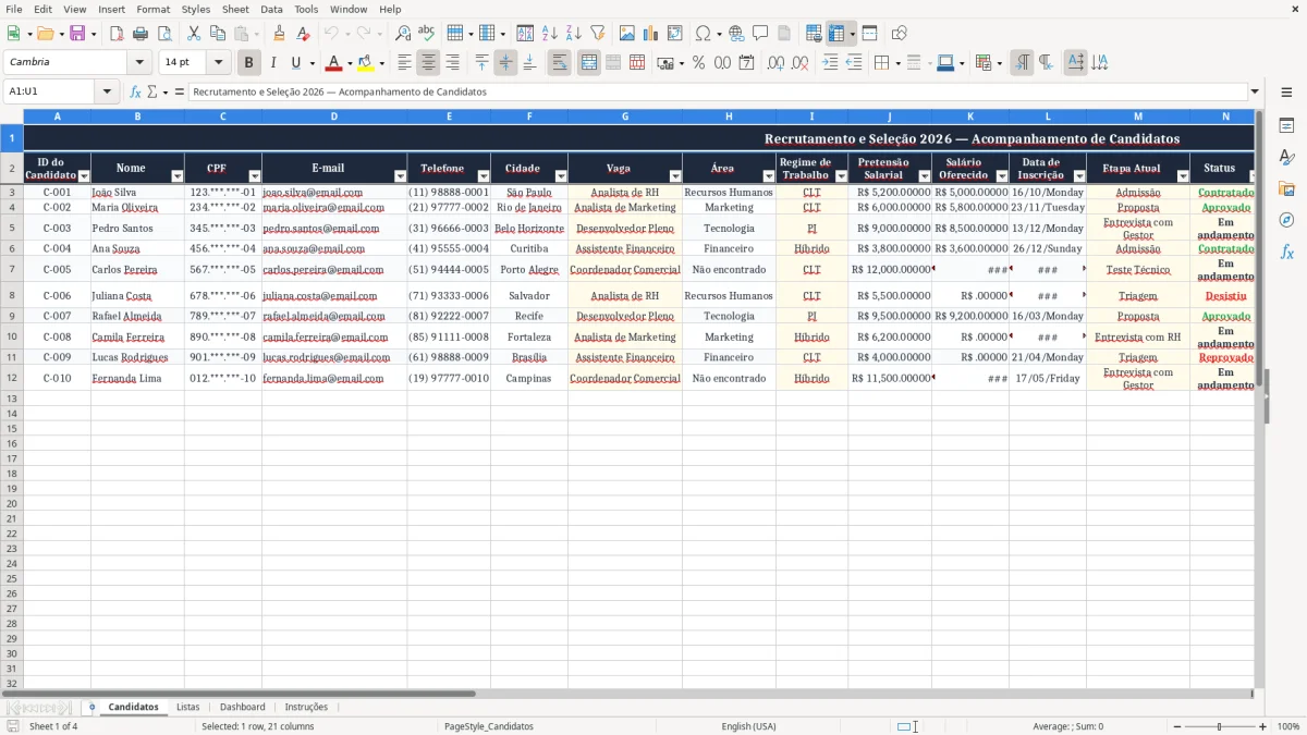 Captura 1: aba Candidatos - Planilha Excel recrutamento e selecao