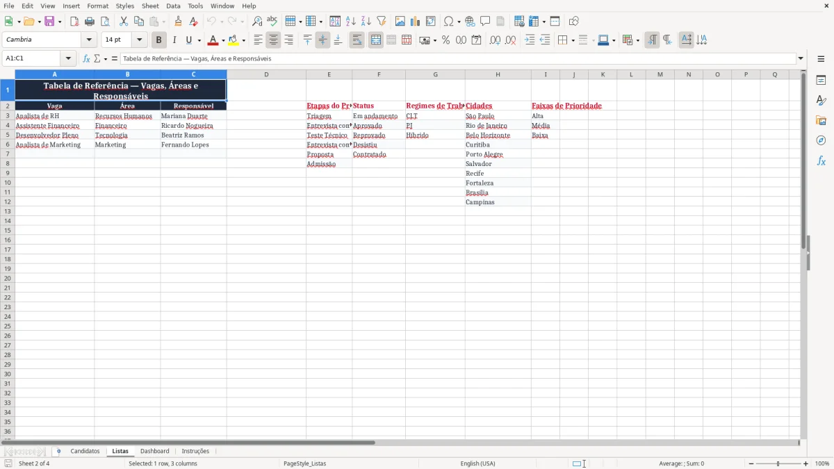 Captura 2: aba Listas - Planilha Excel recrutamento e selecao