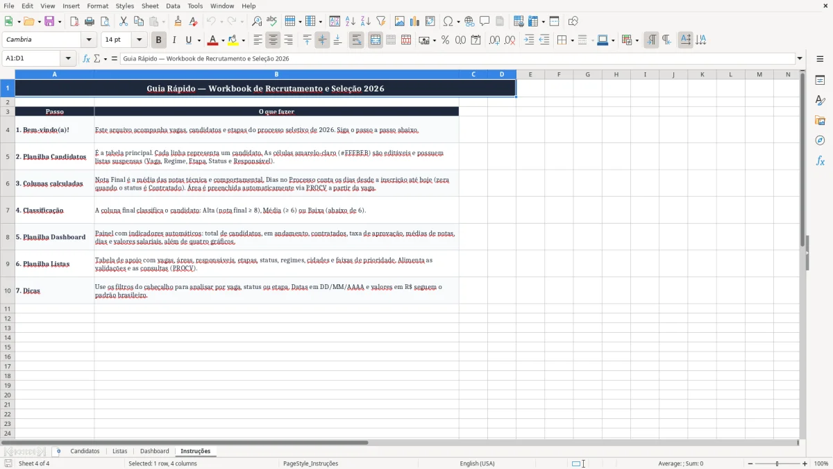 Captura 4: aba Instruções - Planilha Excel recrutamento e selecao