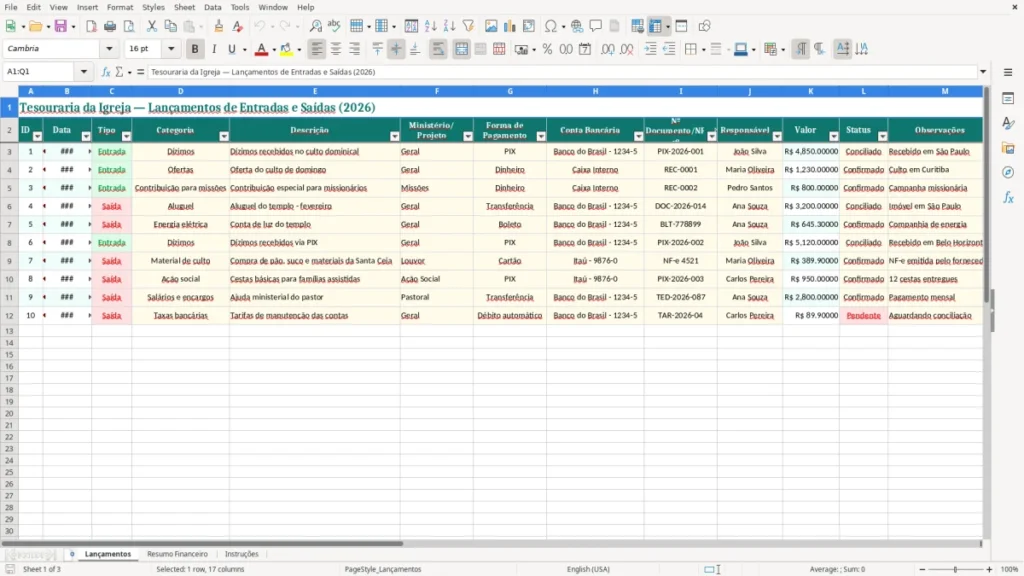 Lançamentos – Planilha de Tesouraria de Igreja no Excel