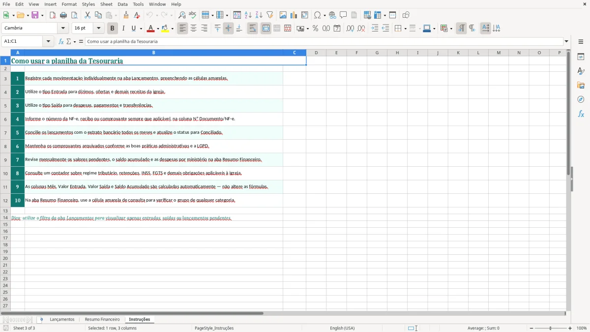 Captura 3: aba Instruções - Planilha Excel tesouraria de igreja