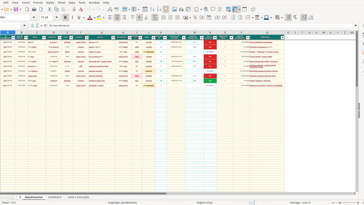 Screenshot 1: Atendimentos tab - Excel template atendimento