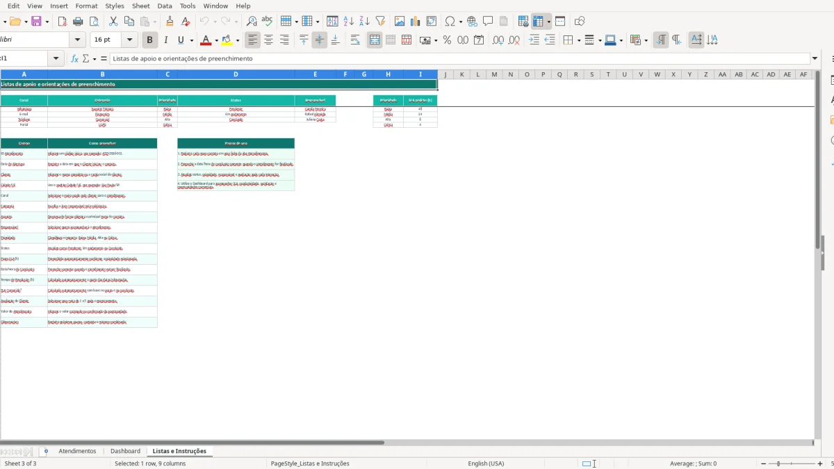 Screenshot 3: Listas e Instruções tab - Excel template atendimento