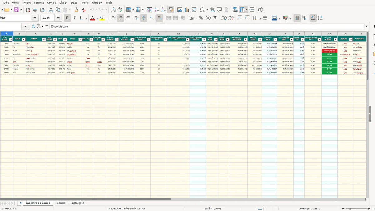 Screenshot 1: Cadastro de Carros tab - Excel template carros