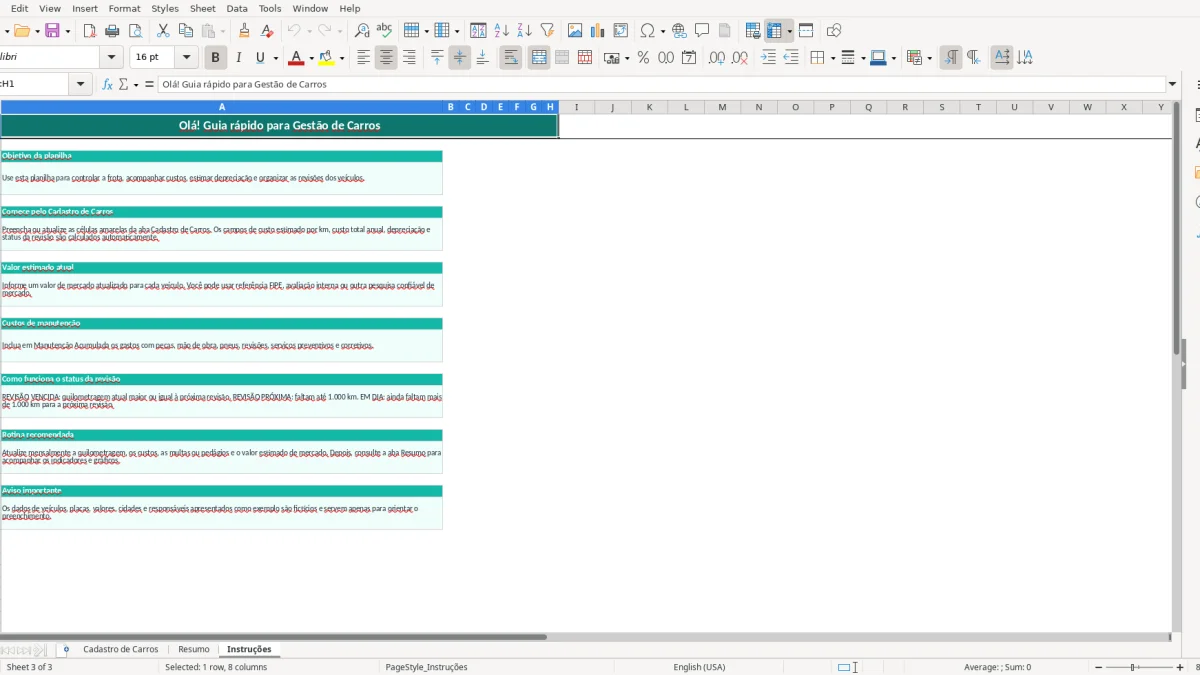 Screenshot 3: Instruções tab - Excel template carros