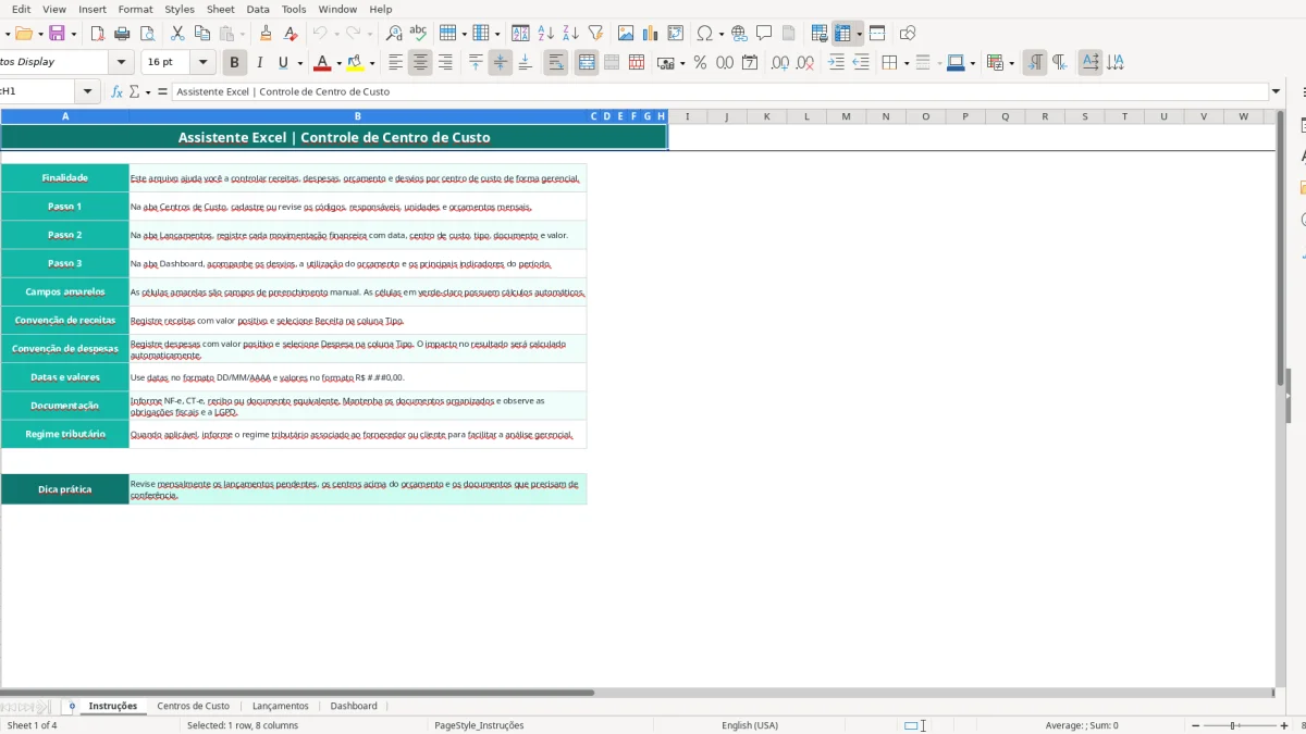Screenshot 1: Instruções tab - Excel template centro de custo