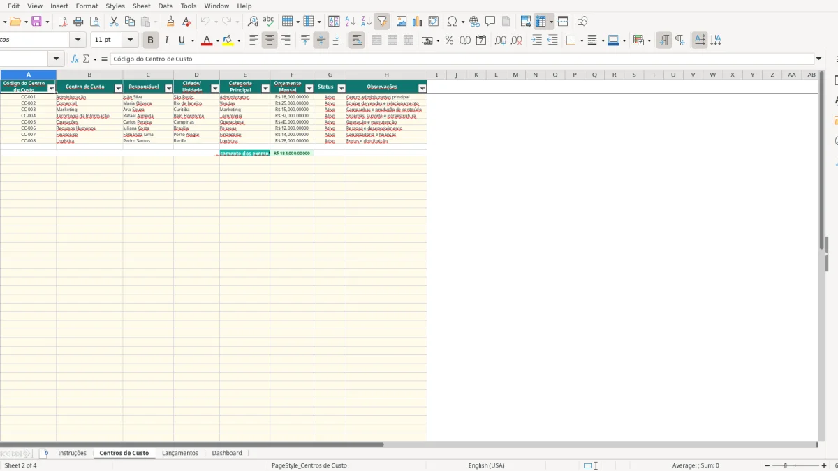 Screenshot 2: Centros de Custo tab - Excel template centro de custo