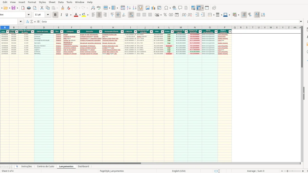 Screenshot 3: Lançamentos tab - Excel template centro de custo