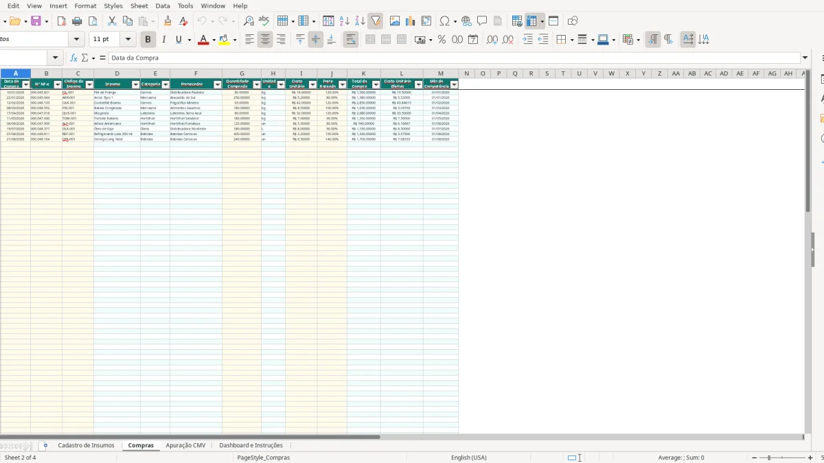 Screenshot 2: Compras tab - Excel template cmv restaurante