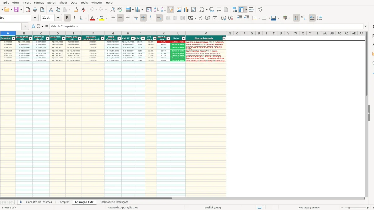Screenshot 3: Apuração CMV tab - Excel template cmv restaurante
