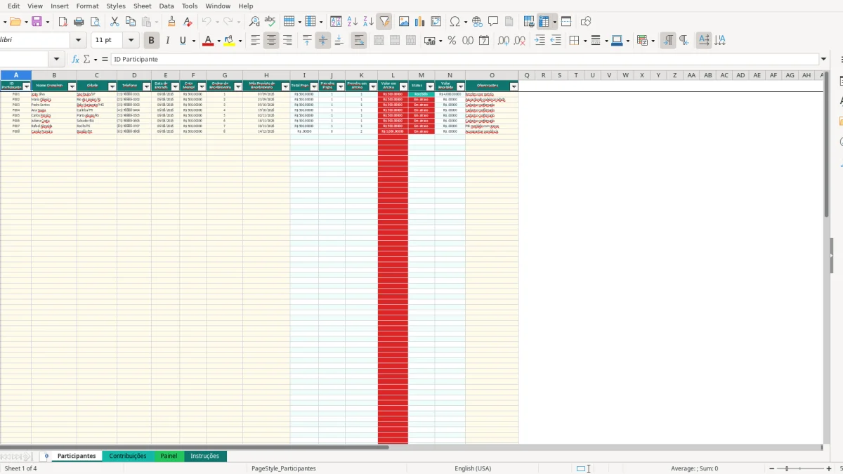 Screenshot 1: Participantes tab - Excel template consorcio entre amigos