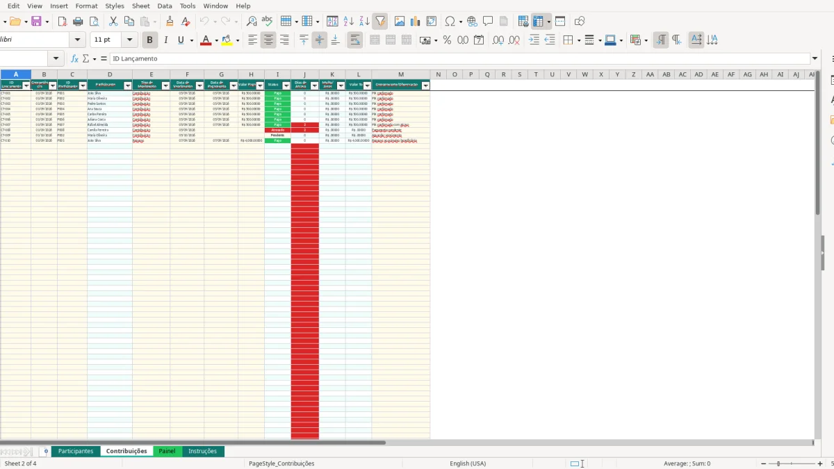 Screenshot 2: Contribuições tab - Excel template consorcio entre amigos