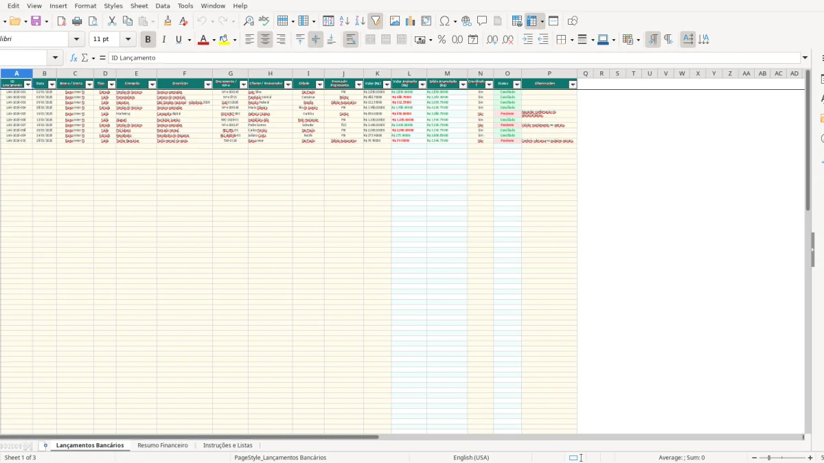 Screenshot 1: Lançamentos Bancários tab - Excel template controle bancario