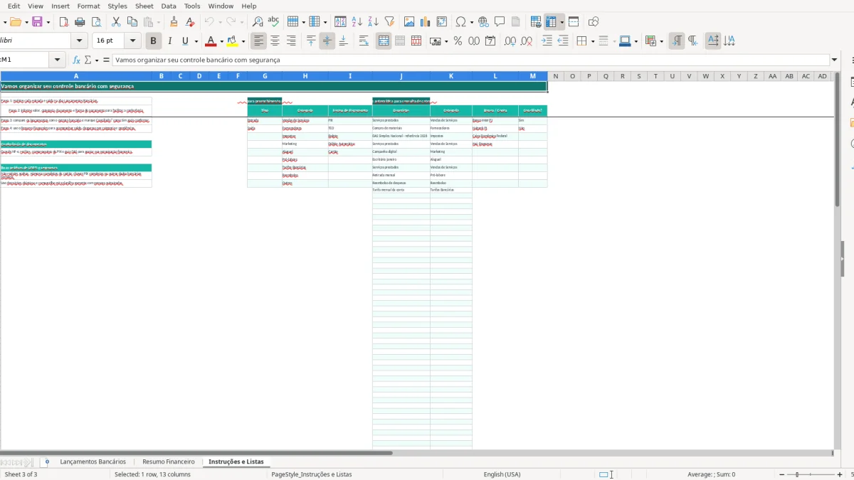 Screenshot 3: Instruções e Listas tab - Excel template controle bancario