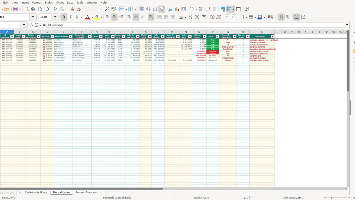 Screenshot 2: Mensalidades tab - Excel template controle de mensalidades escolares