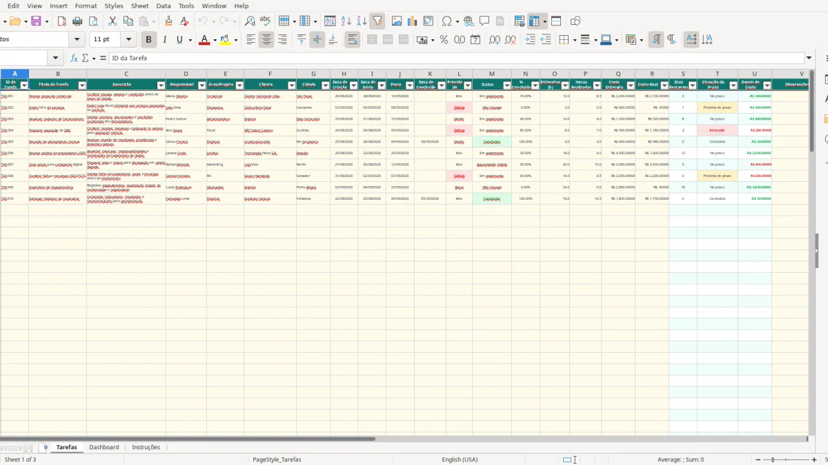 Screenshot 1: Tarefas tab - Excel template controle de tarefas