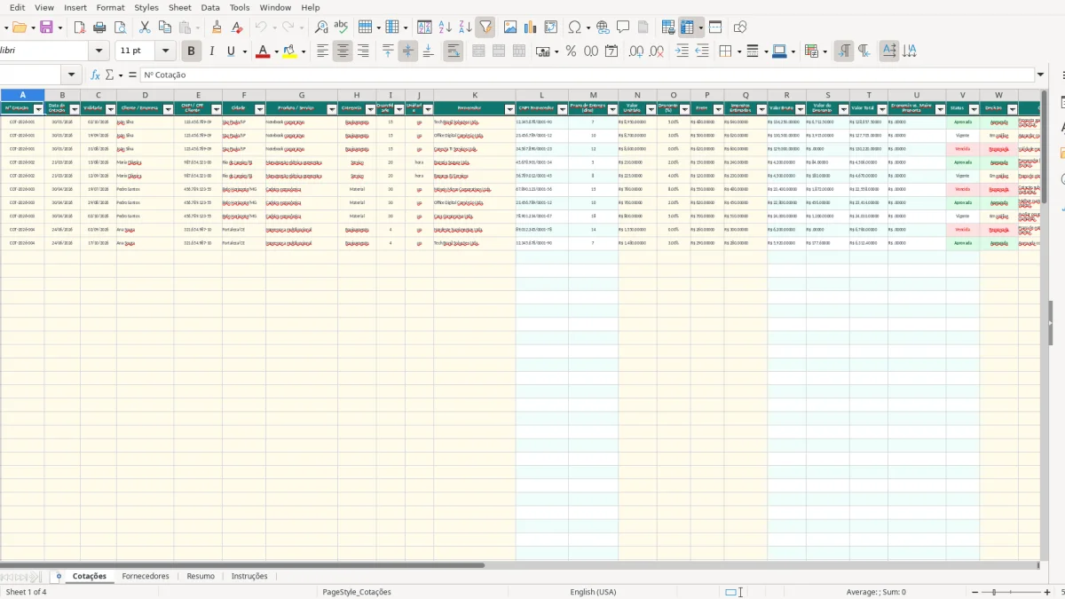 Screenshot 1: Cotações tab - Excel template cotacao