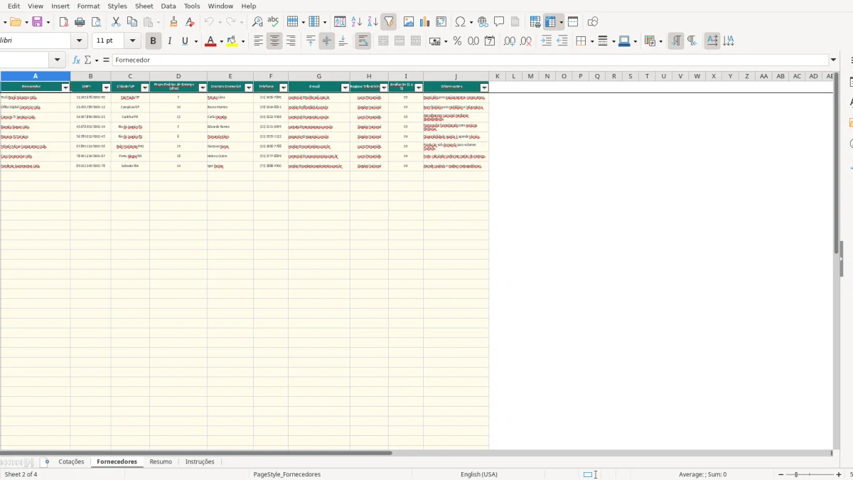 Screenshot 2: Fornecedores tab - Excel template cotacao