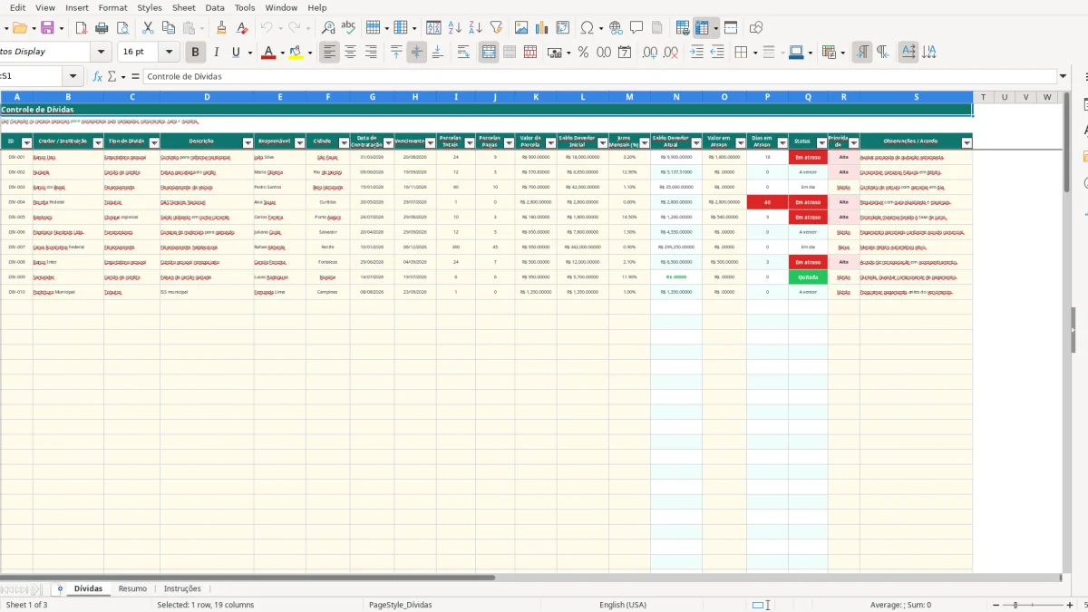 Screenshot 1: Dívidas tab - Excel template dividas