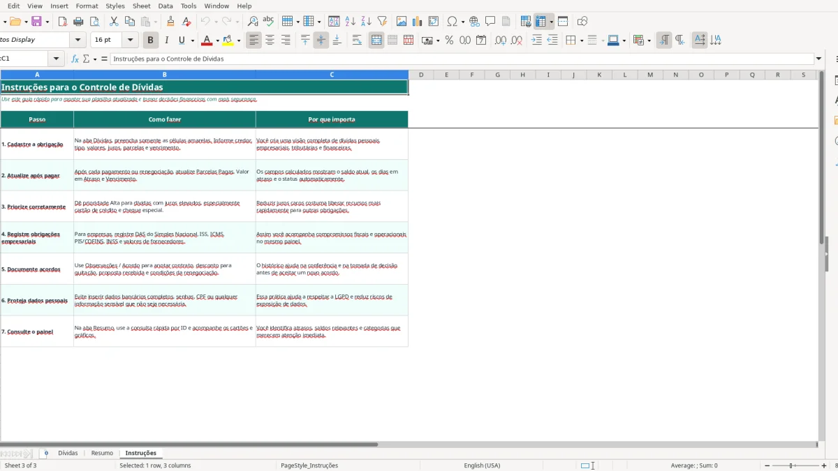 Screenshot 3: Instruções tab - Excel template dividas