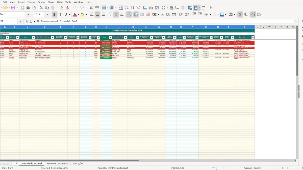 Screenshot 1: Controle do Enxoval tab - Excel template enxoval bebe