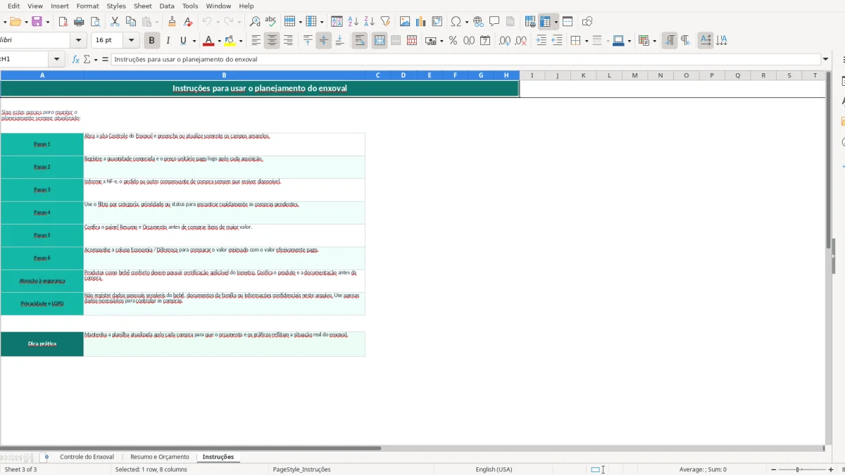 Screenshot 3: Instruções tab - Excel template enxoval bebe
