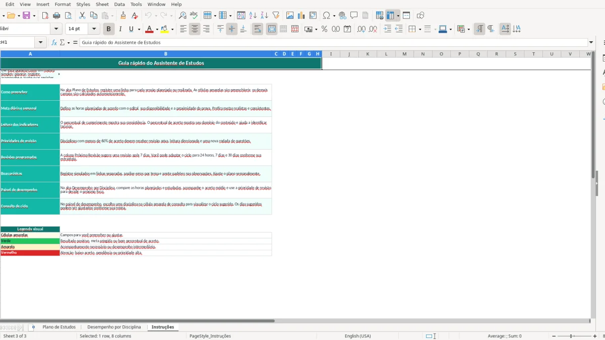 Screenshot 3: Instruções tab - Excel template estudo para concurso