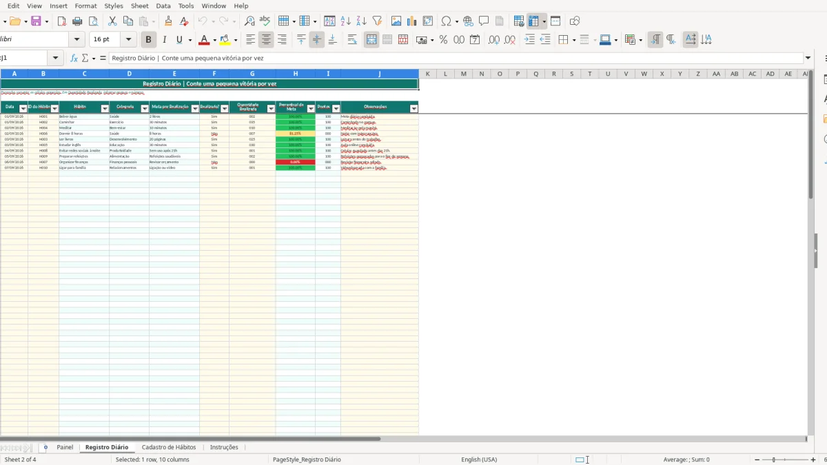 Screenshot 2: Registro Diário tab - Excel template habit tracker