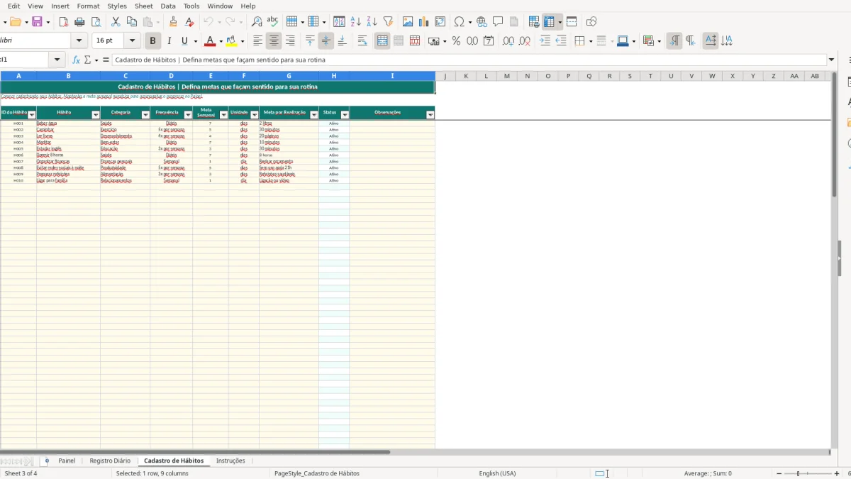 Screenshot 3: Cadastro de Hábitos tab - Excel template habit tracker