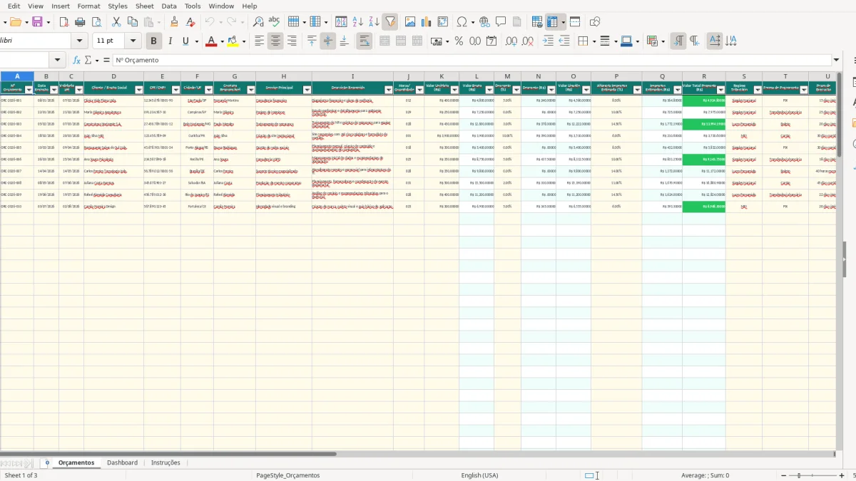Screenshot 1: Orçamentos tab - Excel template orcamento prestacao de servicos