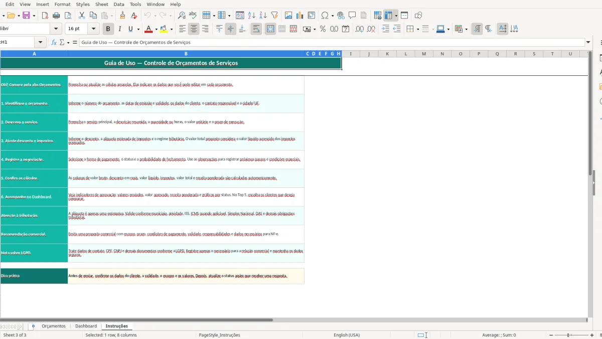 Screenshot 3: Instruções tab - Excel template orcamento prestacao de servicos