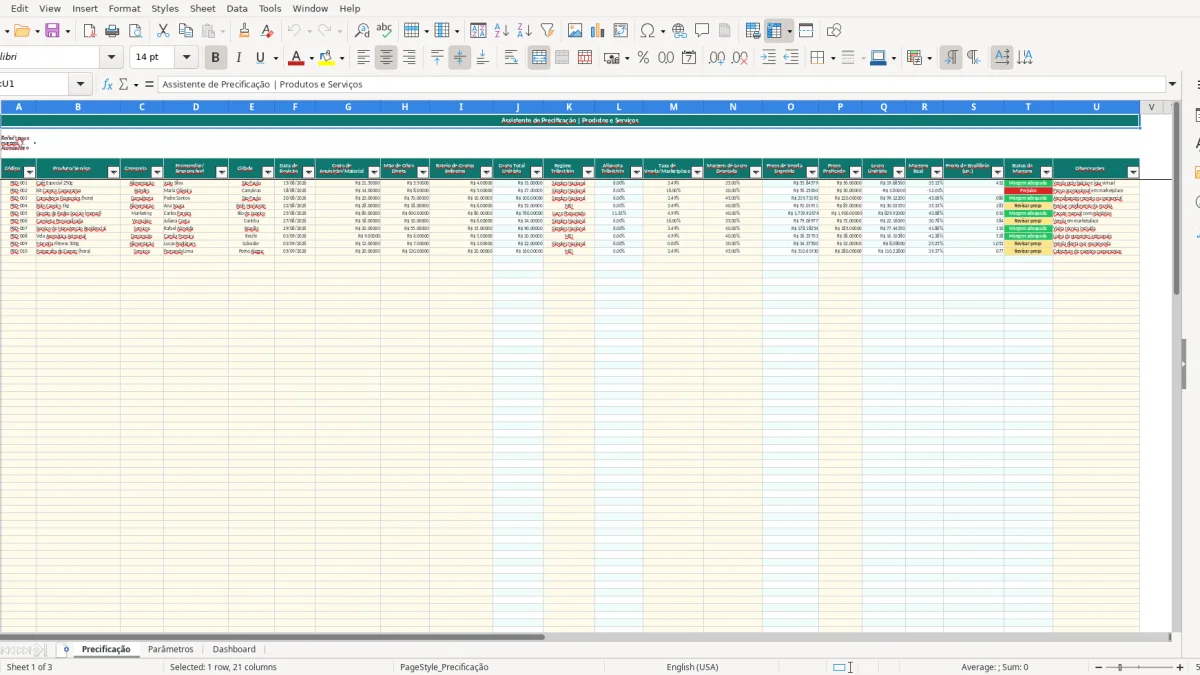Screenshot 1: Precificação tab - Excel template precificacao