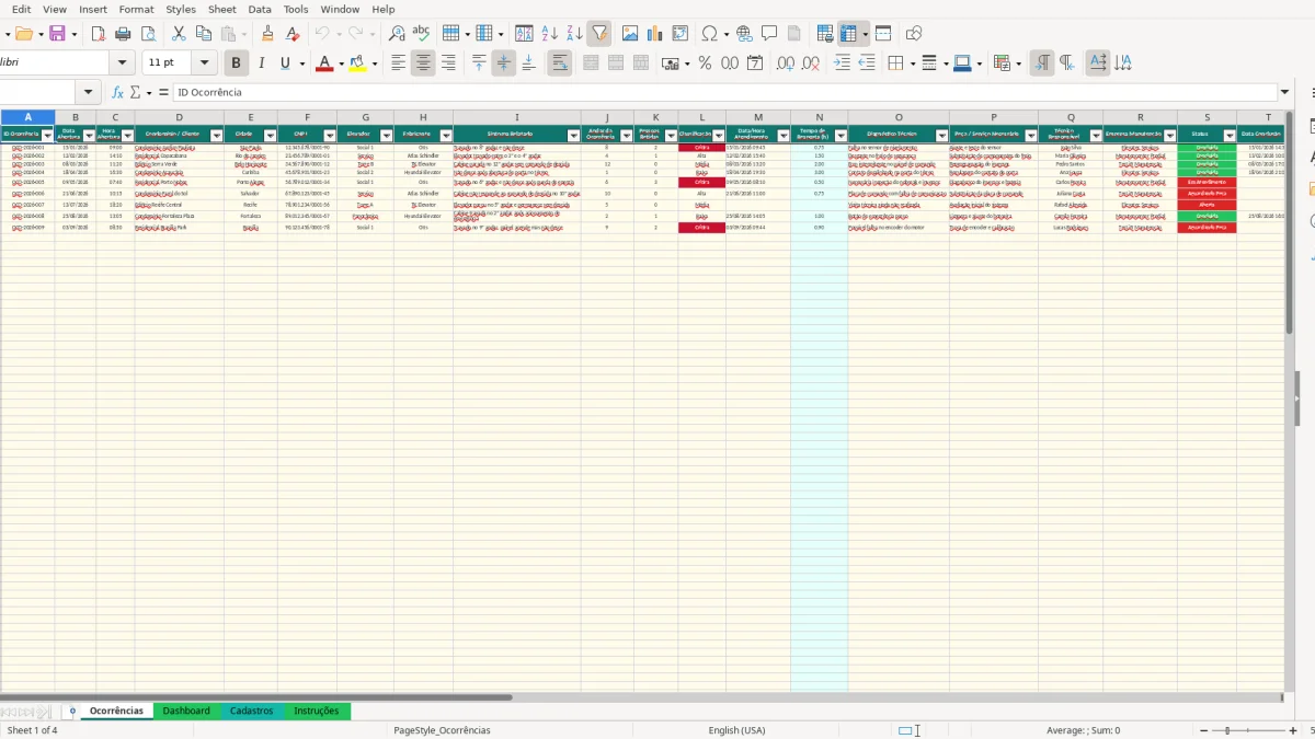 Screenshot 1: Ocorrências tab - Excel template travada nao desce